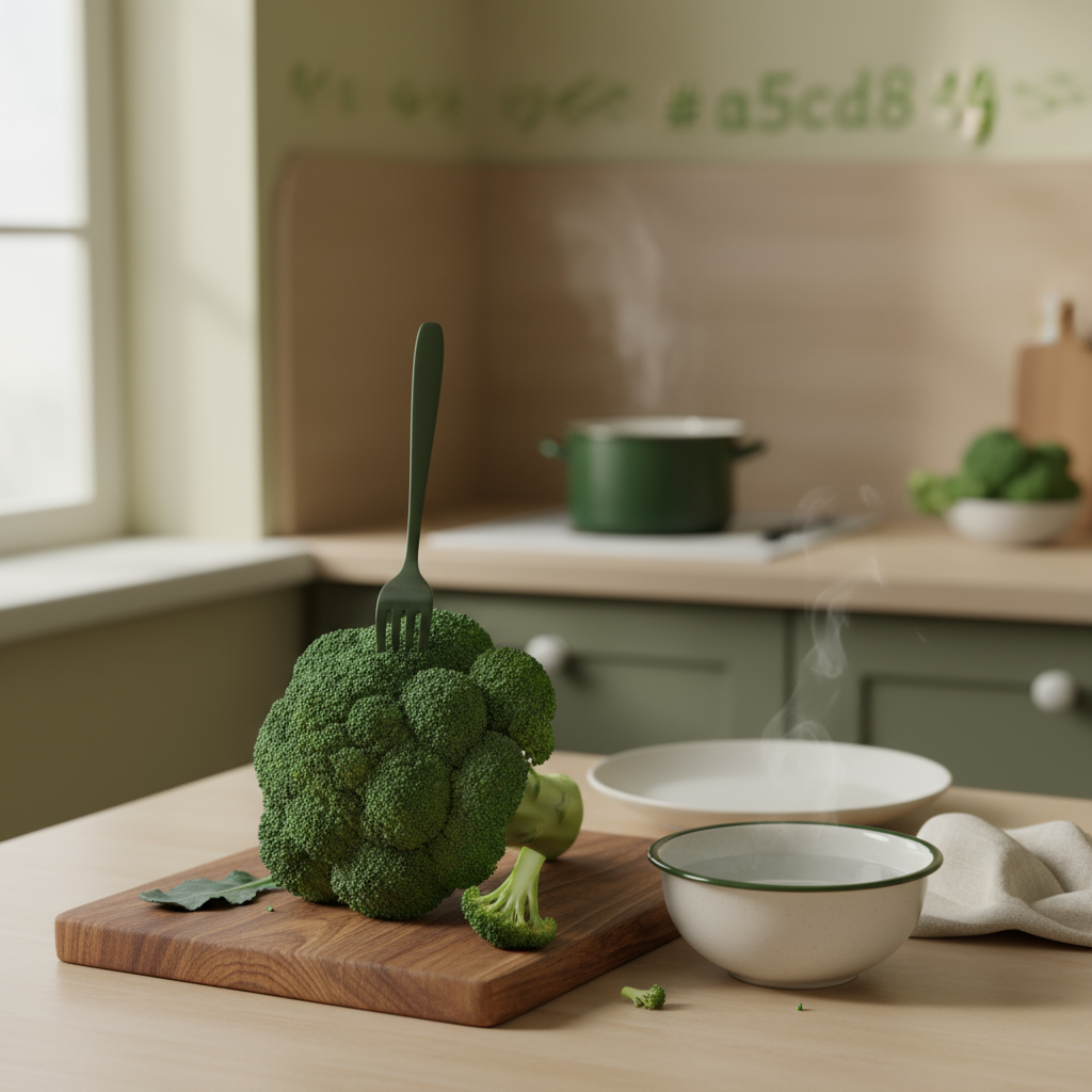 Brokkoli garprobe: frischer Brokkoli auf Holzschneidebrett neben dampfendem Topf in minimalistischer, heimeliger europäischer Küche, Hintergrund #dbdbcf, Akzent #a5cd8d.