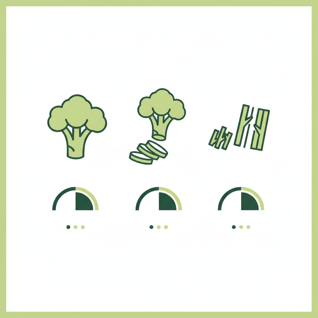 Brokkoli Strunk kochzeit: minimalistische 2D-Vektor-Infografik in Markenfarben mit drei Schneidmethoden-Icons und drei visuellen Timer-Icons für kurze, mittlere und lange Dauer