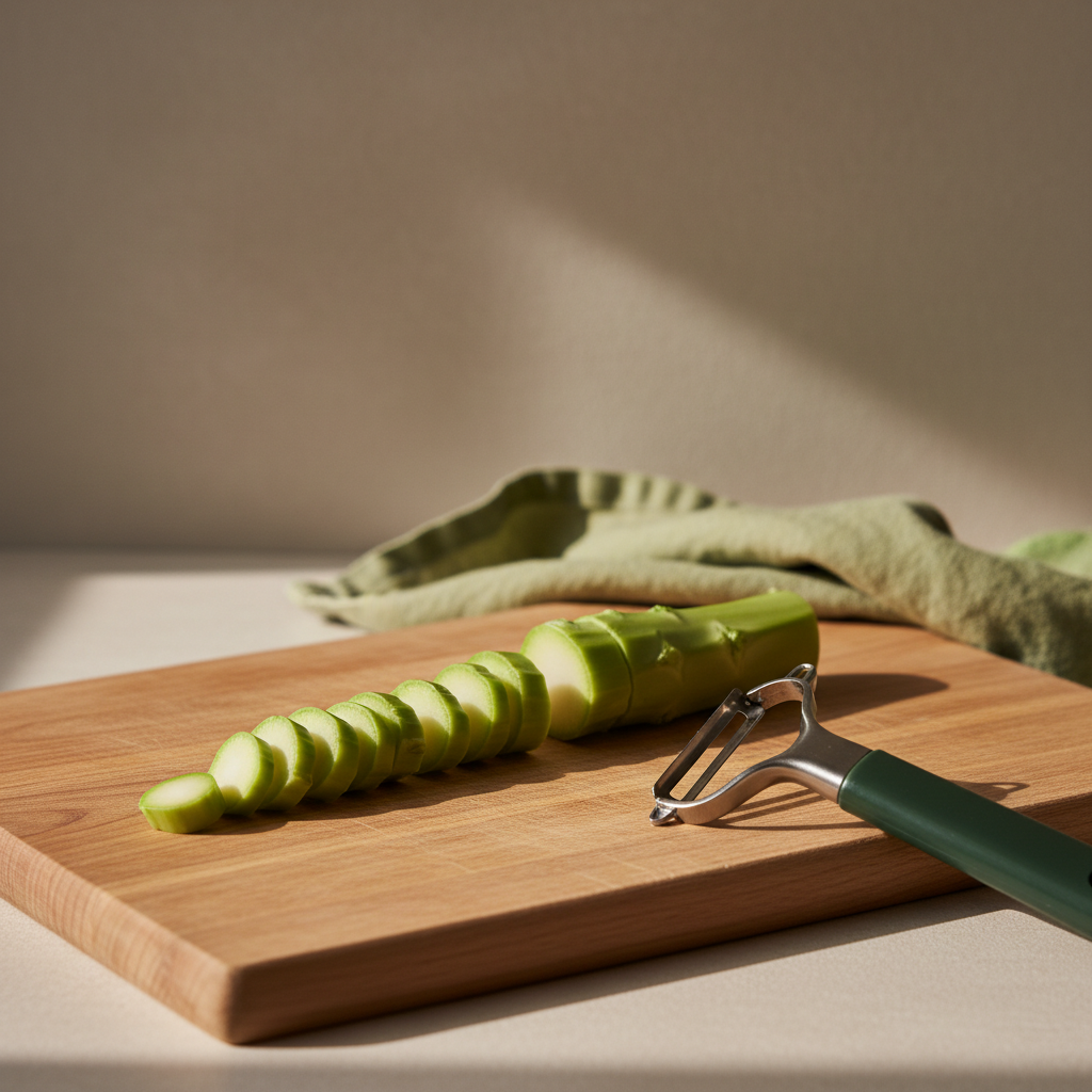 Nahaufnahme geschälter und in Scheiben geschnittener Brokkoli-Strunk auf Holzbrett mit Sparschäler, warme heimische Küchenstimmung, Brokkoli Strunk kochzeit