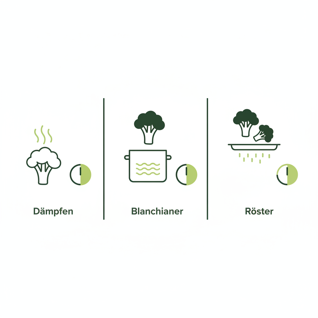 Minimalistische Vektor-Infografik mit Icons zu Dämpfen, Blanchieren und Rösten von Brokkoli – Kann man Brokkoli im ganzen kochen?