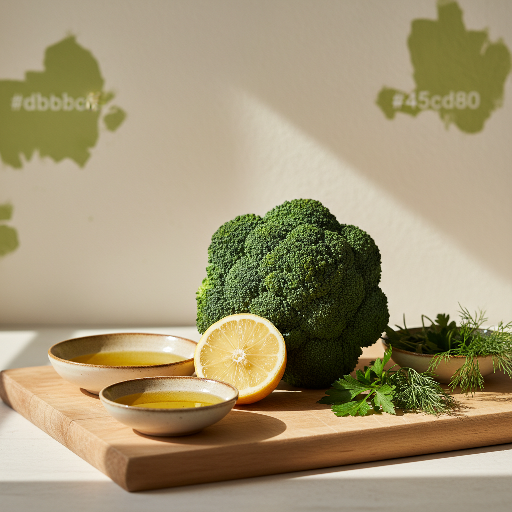 Kann man Brokkoli im ganzen kochen? Ganzes Brokkoli-Stück auf Holzbrett mit Zitrone, Olivenöl und Kräutern vor hellem #dbdbcf Hintergrund, Akzent #a5cd8d.