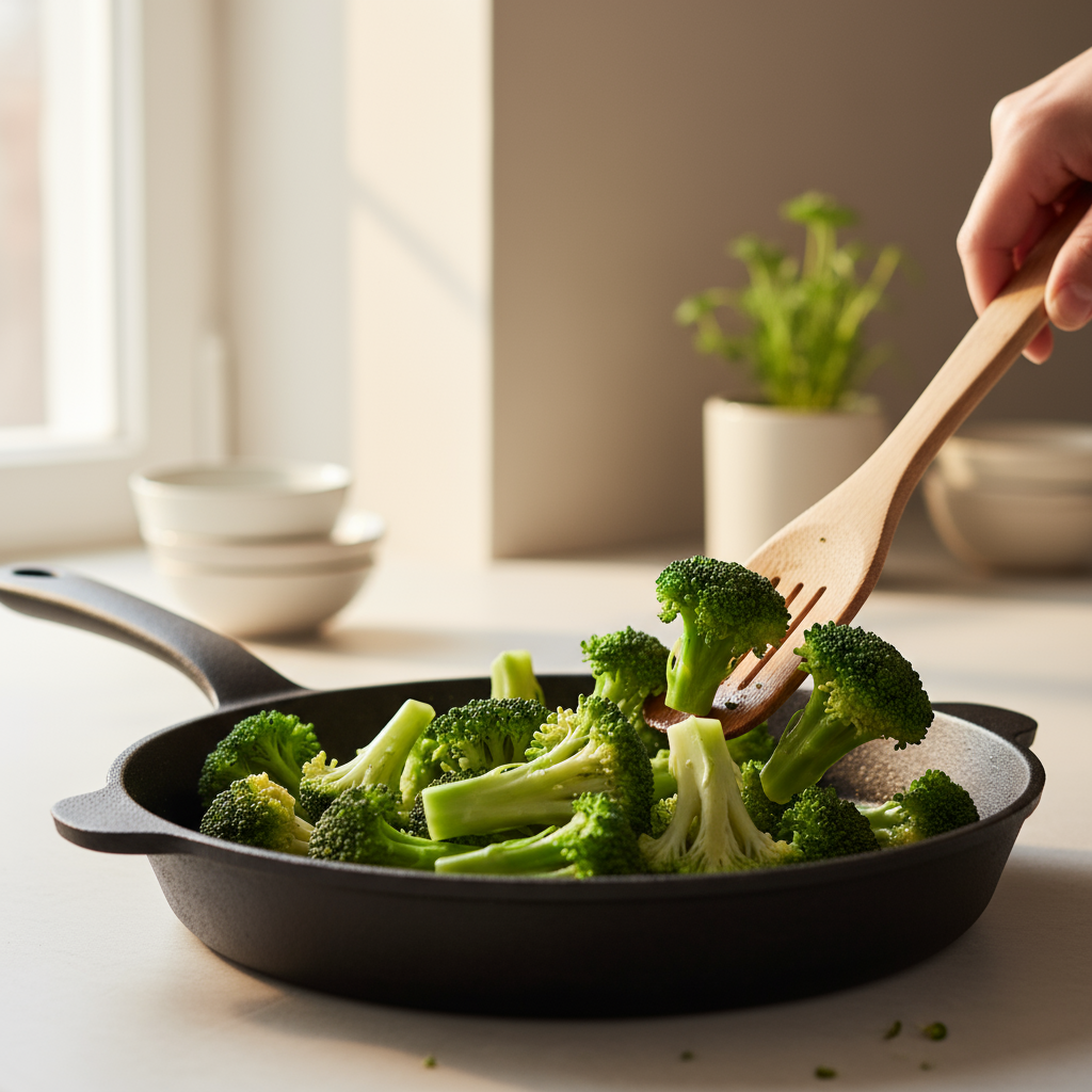 Nahaufnahme von Brokkoli in der Pfanne, lebhaft grün, Holzlöffel, warmes Küchenlicht, minimalistischer heller Hintergrund (#dbdbcf) mit dezenten Akzenten (#a5cd8d, #21431f).