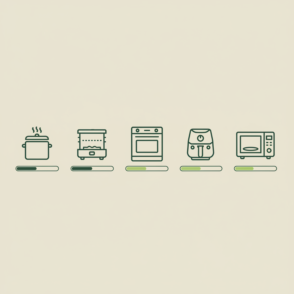Minimalistische 2D-Vektor-Infografik mit Kochmethoden-Icons (Topf, Dampfgarer, Backofen, Airfryer, Mikrowelle) und farbigen Zeitbalken, Farben Schnell Lecker, blumenkohl garzeit