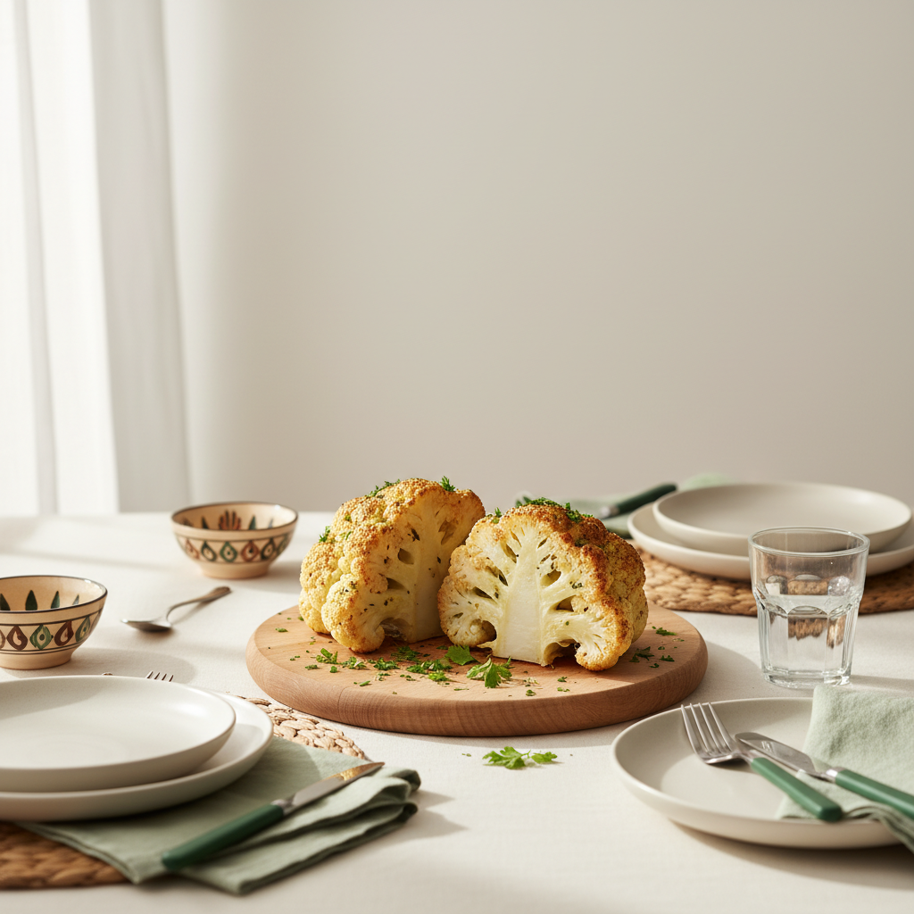 Gerösteter Blumenkohl auf Holzbrett in einer heimischen europäischen Küche mit natürlichem Licht, minimalistischer Tischdeko und dezenten Farbakzenten von Schnell Lecker, blumenkohl garzeit