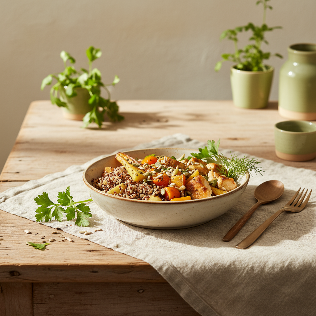 Heimische ungarisch-rumänische Küche mit proteinreicher Bowl, Holzbesteck und frischen Kräutern in warmem Licht; minimalistisches Styling – Fettverbrennung steigern