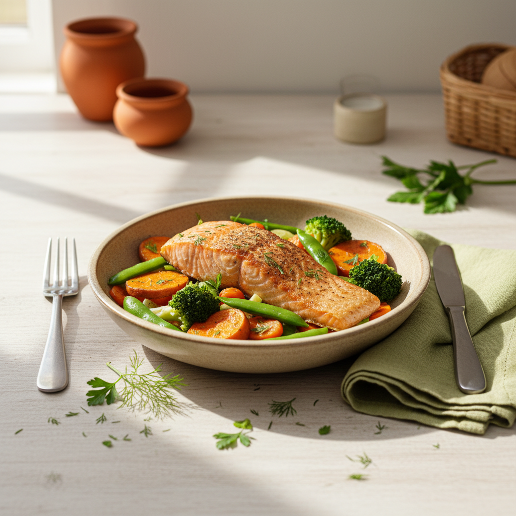 Ofenlachs mit Süßkartoffeln und Gemüse auf hellem Holztisch, minimalistisch arrangiert mit dezenten Schnell Lecker Farbakzenten – Fettverbrennung freundliche, warme Heimküche