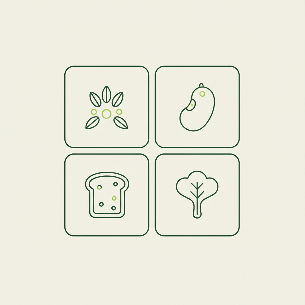 Minimalistische 2D-Vektor-Infografik mit Icons für ballaststoffreiche Lebensmittel: Samen, Bohnen, Vollkorn und Gemüse auf hellbeigem Hintergrund