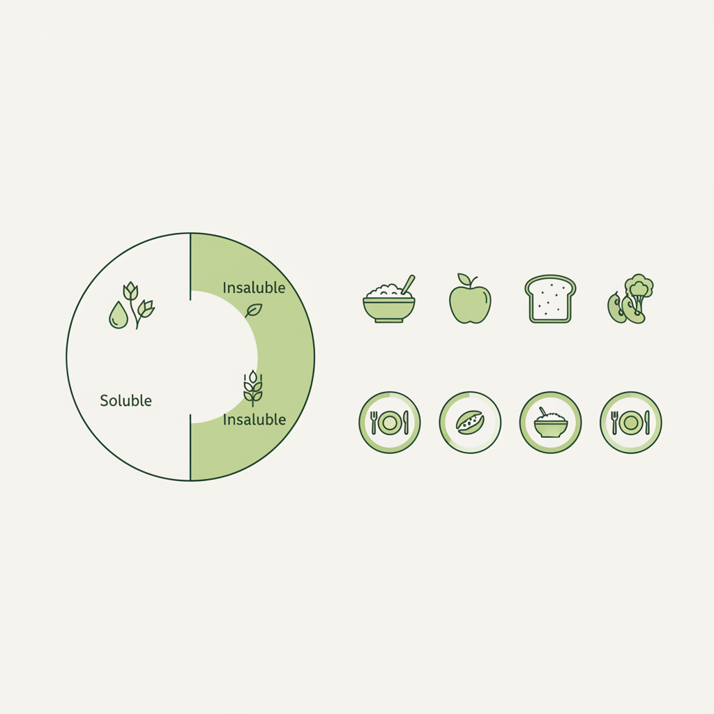 Minimalistische 2D-Vektor-Infografik zu Ballaststoffe: geteiltes Diagramm löslich vs. unlöslich, Lebensmittel-Icons (Hafer, Apfel, Vollkorn, Bohnen) und ikonischer Tagesplan.