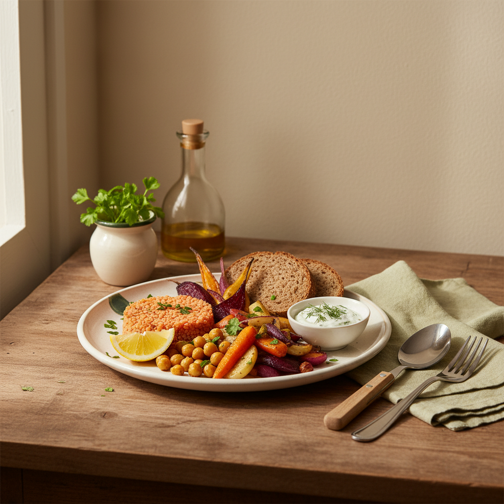 Vollbild, minimalistisches, heimeliges Setting als Beispiel für ballaststoffreiche Abendessen: Teller mit Linsen, Vollkorn und geröstetem Gemüse vor hellbeigem Hintergrund.