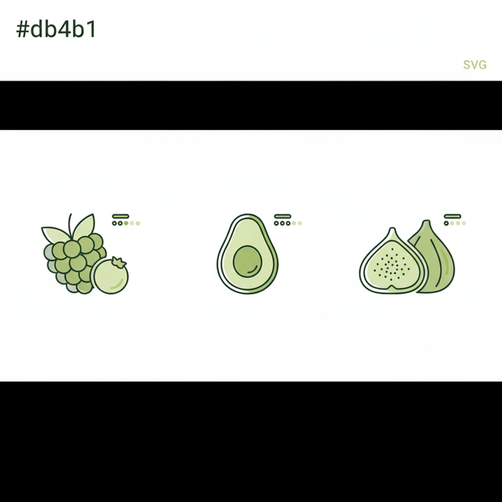 Ballaststoffreiche Früchte: minimalistische 2D-Infografik mit Vektor-Icons für Beeren, Avocado und getrocknete Feigen und visuellen Balken ohne Zahlen.
