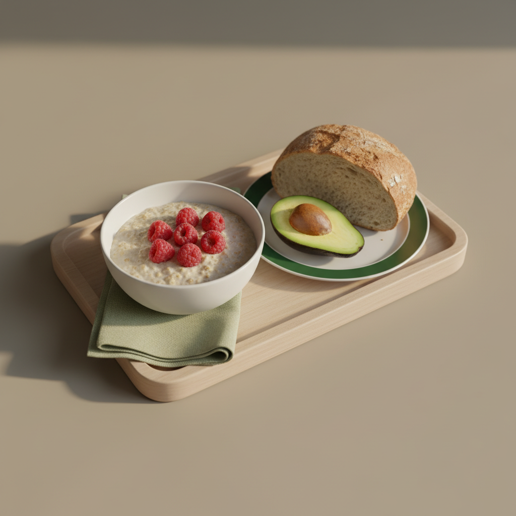 Frühstückstablett mit Haferflocken, Himbeeren, Avocado und Vollkornbrot auf neutralem Hintergrund, minimalistisch arrangiert – Ballaststoffreiche Früchte