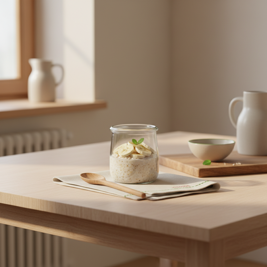 Vollbild-Frühstückstisch mit Overnight Oats im Glas, Bananenscheiben, Holzlöffel und Leinenserviette in warmer, minimalistischer Küche — Ballaststoffe sichtbar