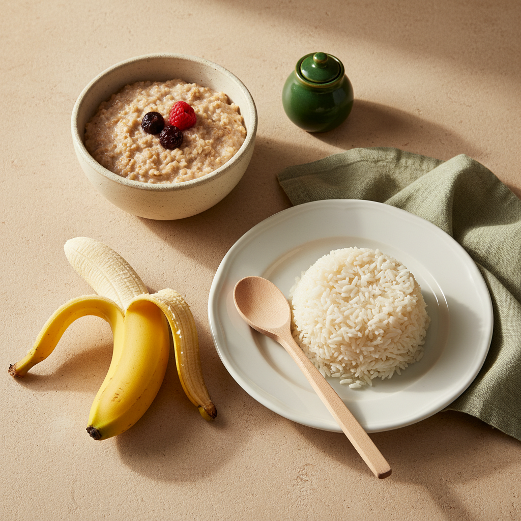 Vollbild-Küchenaufnahme mit Porridge, Teller Reis, Banane und Holzlöffel in warmer Tageslichtstimmung, subtile Markenfarben, Fokus auf lösliche Ballaststoffe