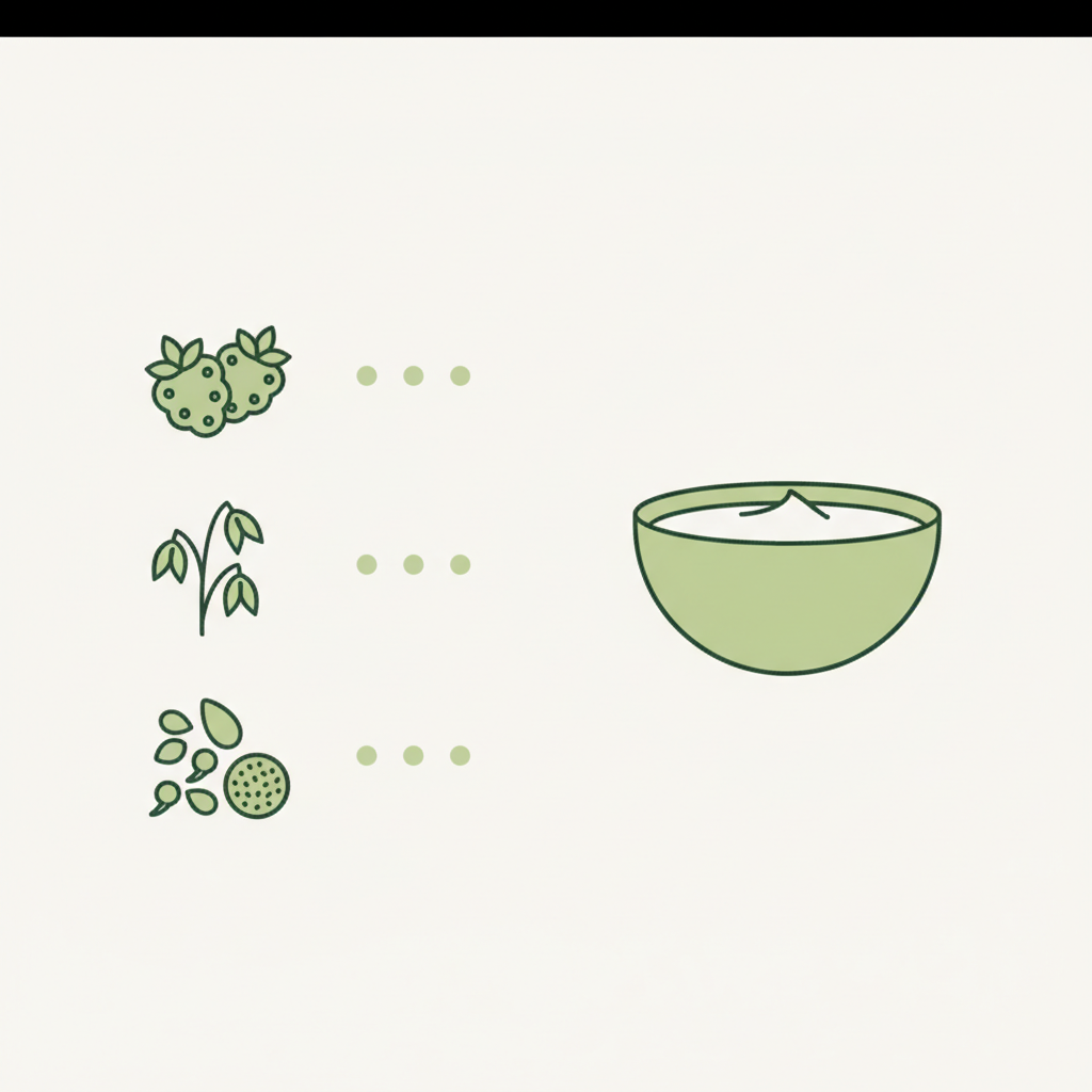 Vektor-Infografik mit Beeren-, Hafer- und Samen-Icons neben einer Joghurt-Schale, minimalistisches Layout in Markenfarben, Joghurt ballaststoffreich