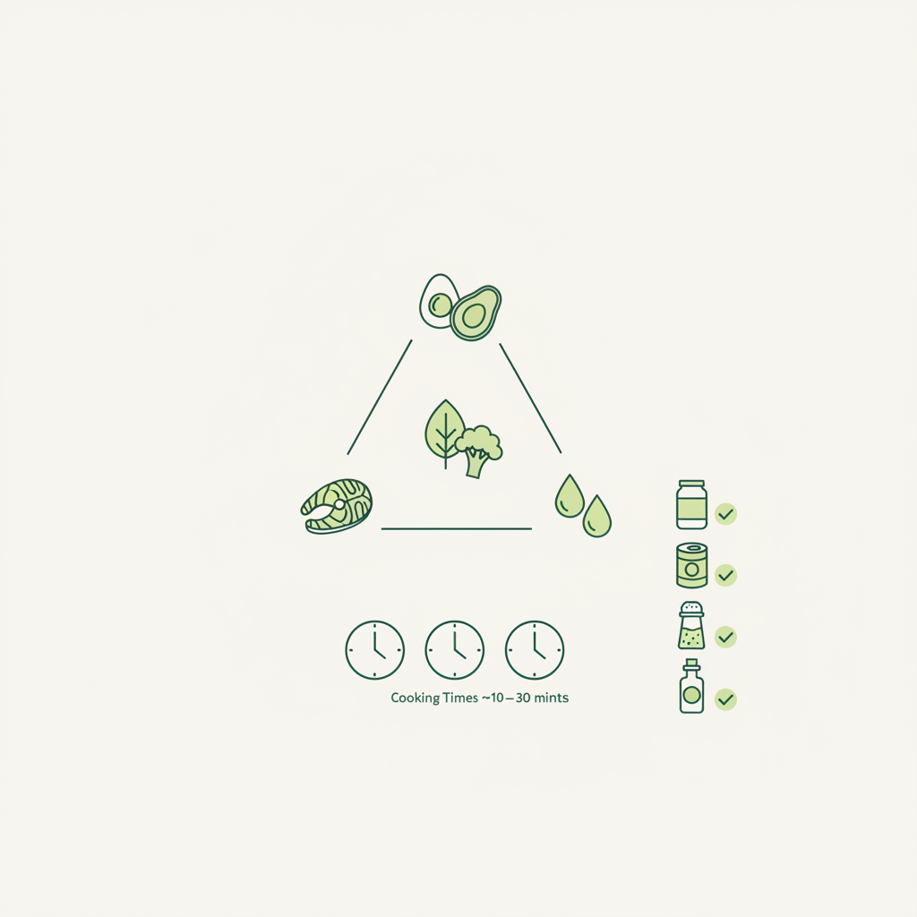 Minimalistische Vektor-Infografik zu Low-Carb abends essen: Dreieck mit Protein-, Gemüse- und Fett-Icons, drei Uhren für kurze Garzeiten und Vorrats-Checklist-Icons.