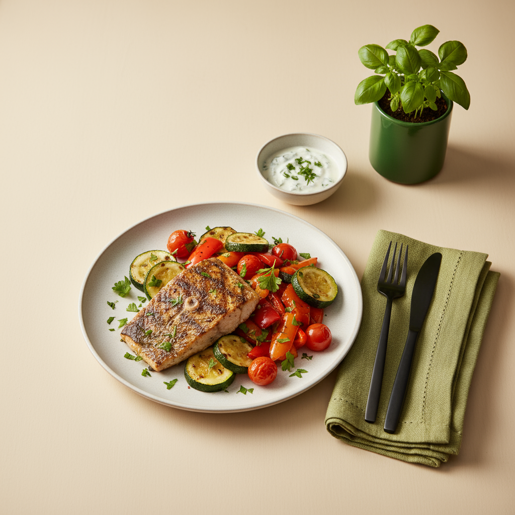 Low-Carb abends essen: Vollformataufnahme eines minimalistischen Abendessens mit gegrilltem Fisch, geröstetem Gemüse und frischen Kräutern vor #dbdbcf Hintergrund.
