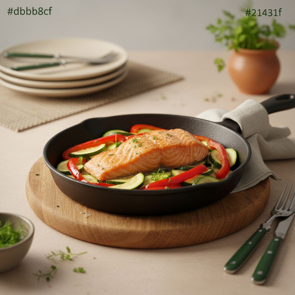 Nahaufnahme einer Abendessen-Pfanne mit Lachs, Zucchini und Paprika auf rustikalem Holzbrett – ideales Abendessen zum Abnehmen, warmes, minimalistisches Setting.