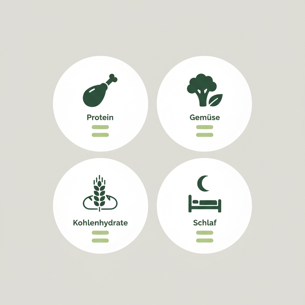 Minimalistische 2D-Vektor-Infografik &#39;Abendessen zum Abnehmen&#39; mit vier Icons für Protein, Gemüse, Kohlenhydrate und Schlaf, Farbstil #dbdbcf/#a5cd8d/#21431f
