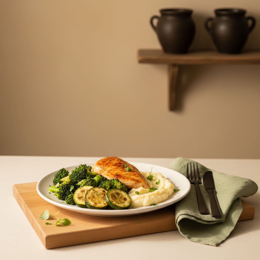 Low-Carb Abendessen: Teller mit gegrilltem Fisch, gedünstetem Brokkoli und Blumenkohlpüree in warmer, minimalistischer europäischer Küche