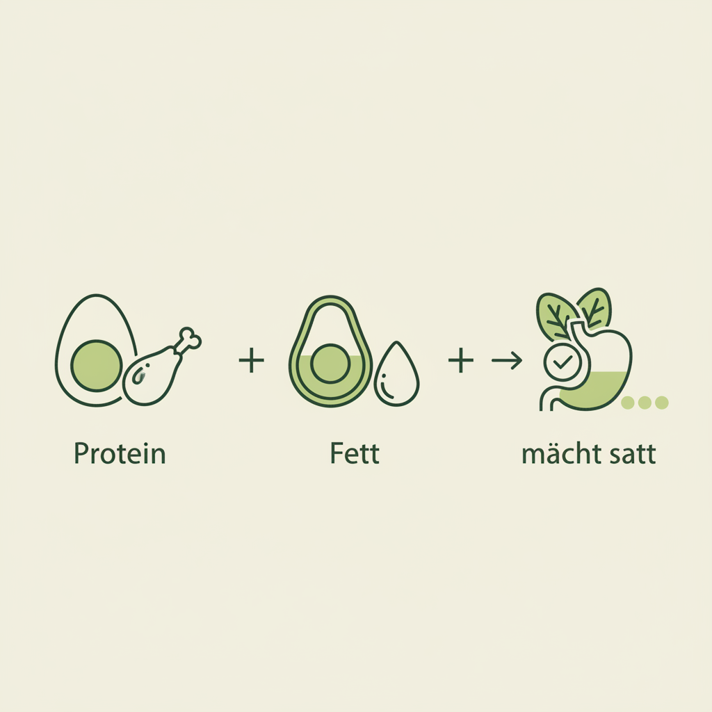 Minimalistische 2D-Vektor-Infografik mit Icons für Protein, Fett und Gemüse, visuelle Erklärung warum Protein+Fett satt machen. Was macht satt ohne Kohlenhydrate?