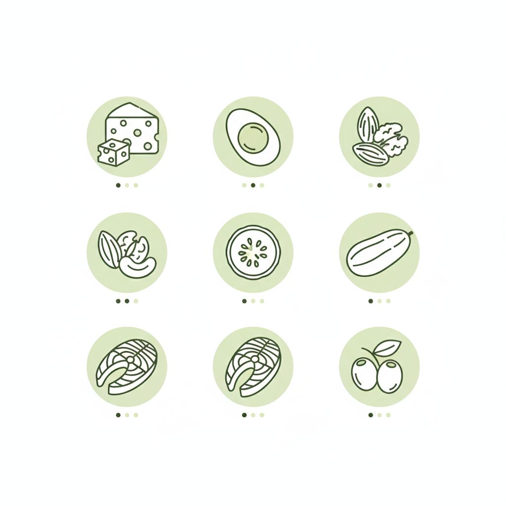 Minimalistische 2D-Vektor-Infografik mit sechs Low-Carb-Snack-Icons (Käse, Ei, Nüsse, Gurke, Lachs, Oliven) auf #dbdbcf Hintergrund, ästhetisch; abends knabbern ohne Kohlenhydrate