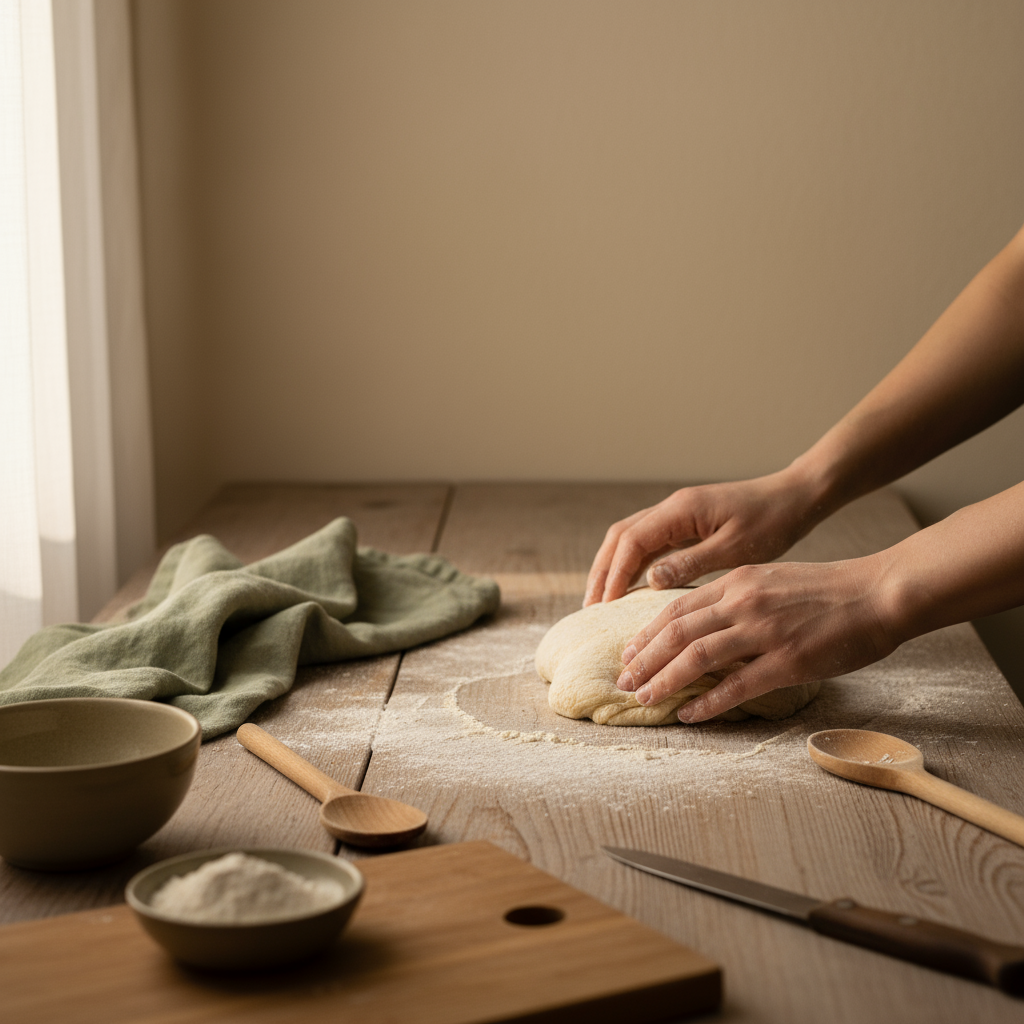 Nahaufnahme: Hände falten frischen Teig auf bemehlter Arbeitsfläche in heimischer Küche, Holzlöffel und Leinentuch, warme natürliche Beleuchtung — Brot backen zuhause