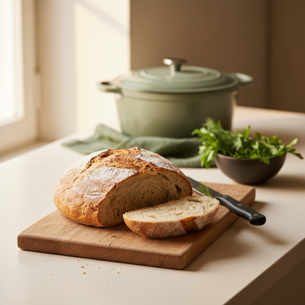 Holzbrett mit frisch gebackenem Brot und Dutch Oven im Hintergrund, minimalistisches warmes Küchenset in Schnell Lecker Farbstil, geeignet für Umluft.