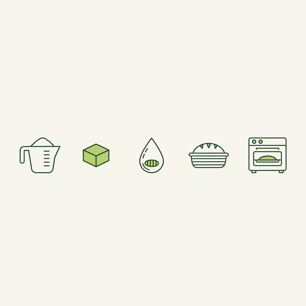 Minimalistische 2D-Vektorinfografik für Brot backen Checkliste mit Icons für Mehl, Hefe, Hydration, Gare und Ofen in Markenfarben #dbdbcf #a5cd8d #21431f