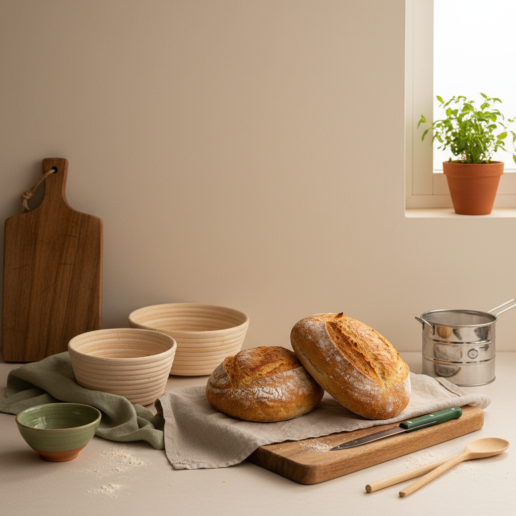 Brot backen Checkliste: Vollbildaufnahme einer minimalistischen, heimeligen europäischen Küche mit Garekörben, frischen Broten auf Leinen und Holzutensilien in Markenfarben