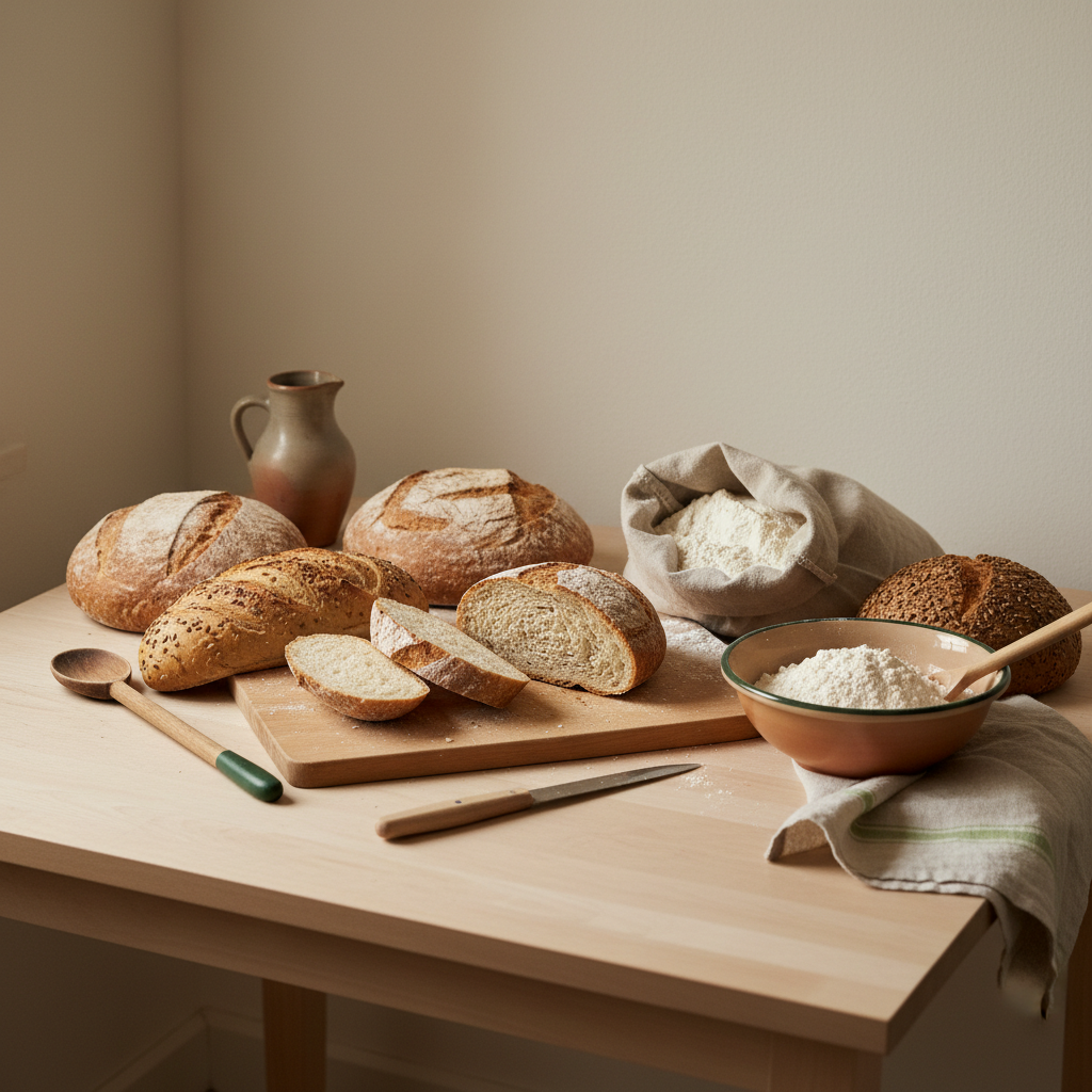 Rustikale Brote, Mehl im Leinensack und Holzbrett in heller Küche – Szene zum Thema Brot selber backen.