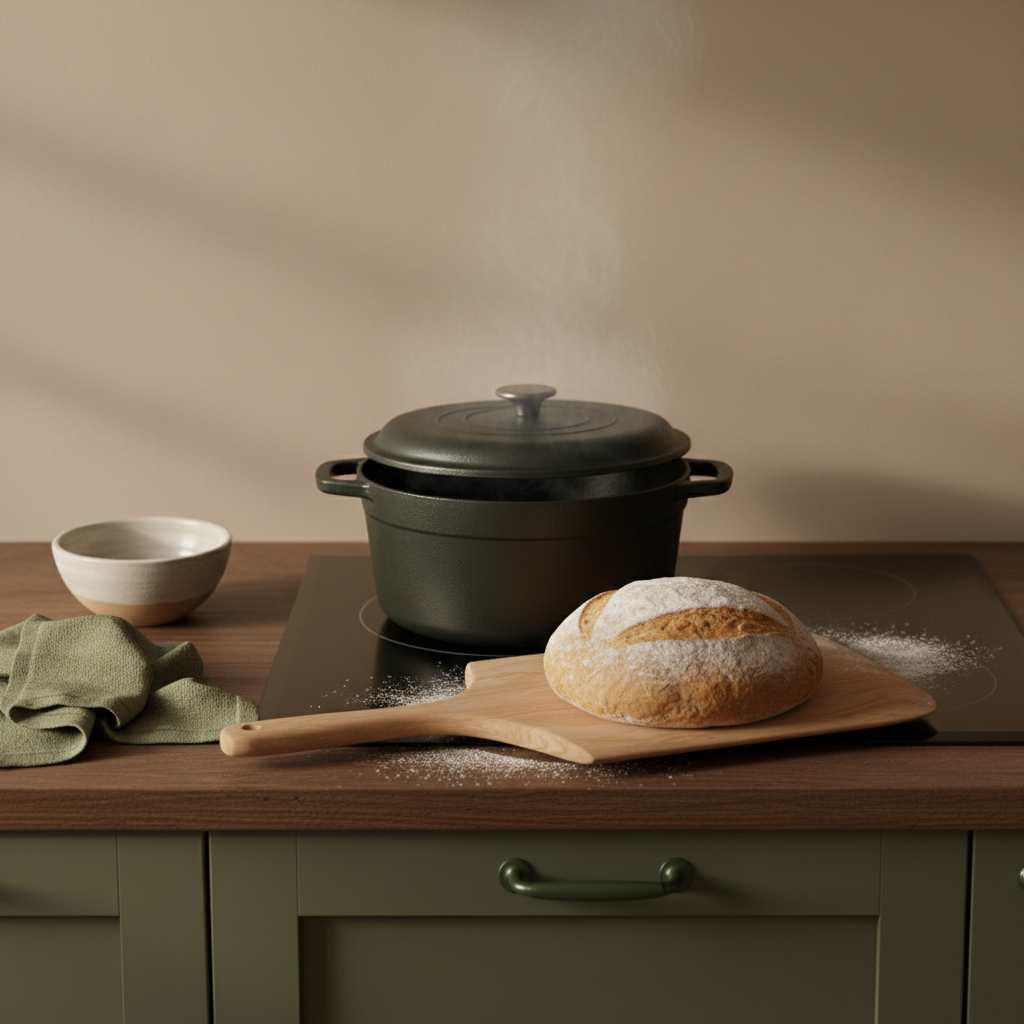 Nahaufnahme in einer heimischen Küche: Dutch Oven auf dem Herd, Holzschieber mit einer Boule zum Einschieben, Mehlstaub auf Arbeitsfläche, warme Markenfarben, offen backen