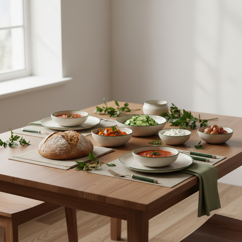 Gedeckter Küchentisch mit frischem Brotlaib und Schüsseln mit schnellen Gerichten in warmen Markenfarben, natürliche Fensterbeleuchtung – geheime Zutat beim Brotbacken