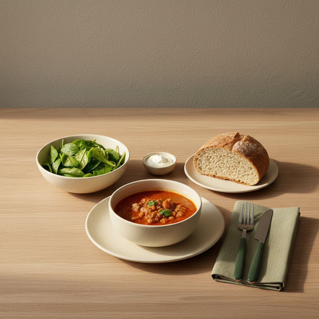 Was soll ich mittags essen? Minimalistisch angerichtetes europäisches Mittagessen mit Paprika-Eintopf, grünem Salat und Vollkornbrot auf hellbeigem Hintergrund #dbdbcf
