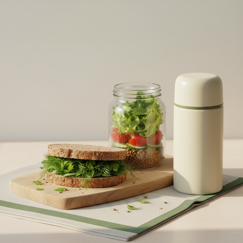 Vollkorn-Sandwich, Salat im Glas und Thermoskanne auf Holzbrett – Was kann man in der Mittagspause essen? Minimalistisches, heimeliges Mittagessen vor #dbdbcf-Hintergrund.