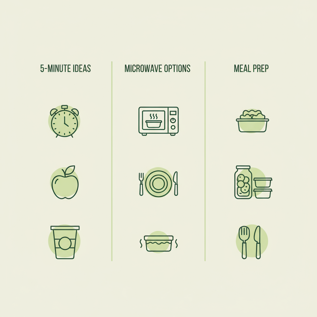 Was kann man in der Mittagspause essen? Minimalistische 2D-Vektor-Infografik mit drei Spalten und klaren Icons für 5‑Minuten‑Ideen, Mikrowellen‑Optionen und Meal‑Prep in Markenfarben.
