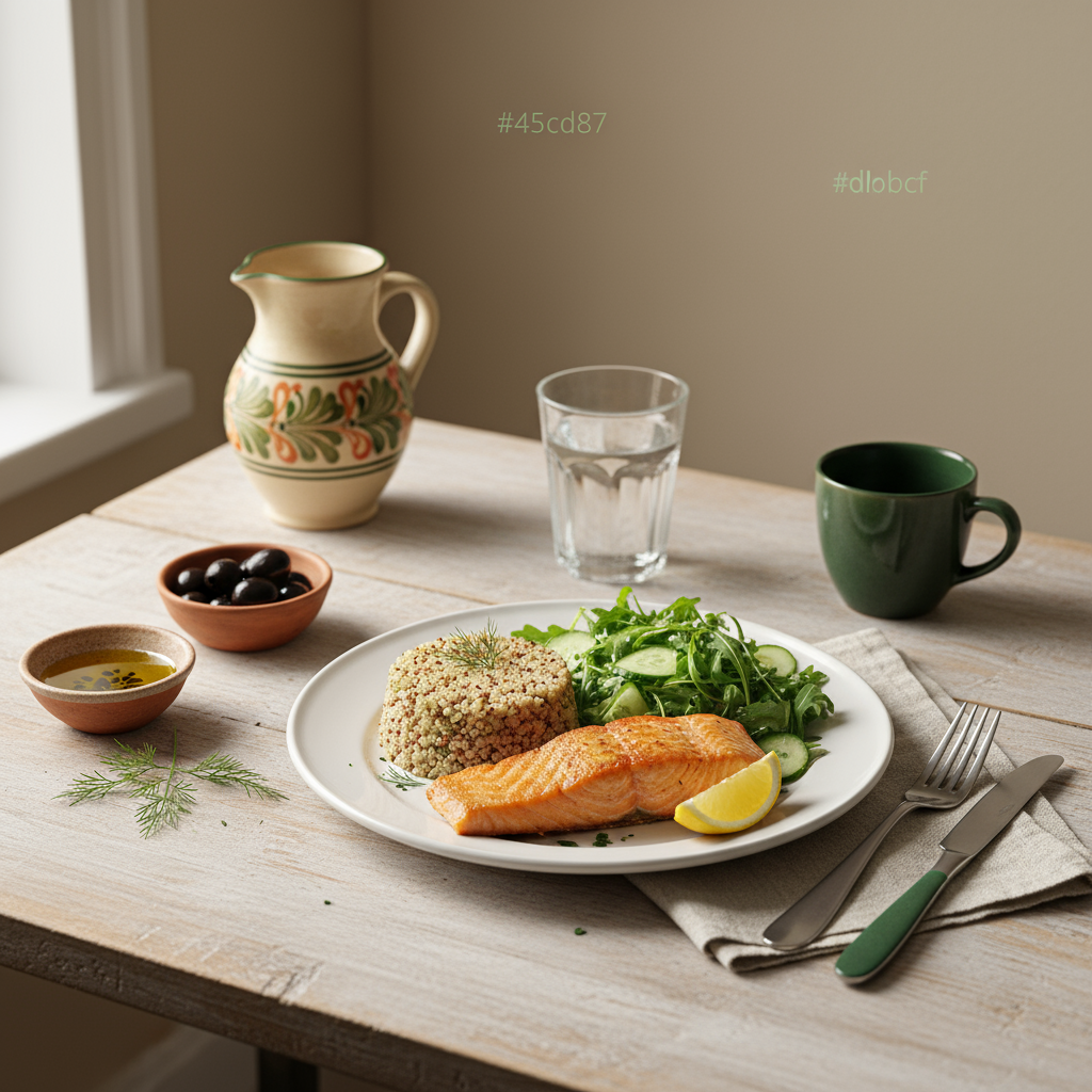 OMAD Teller mit Lachs, Quinoa und grünem Salat auf minimalistischem Tisch in warmer europäischer Küche, Hintergrund #dbdbcf, Akzente #a5cd8d