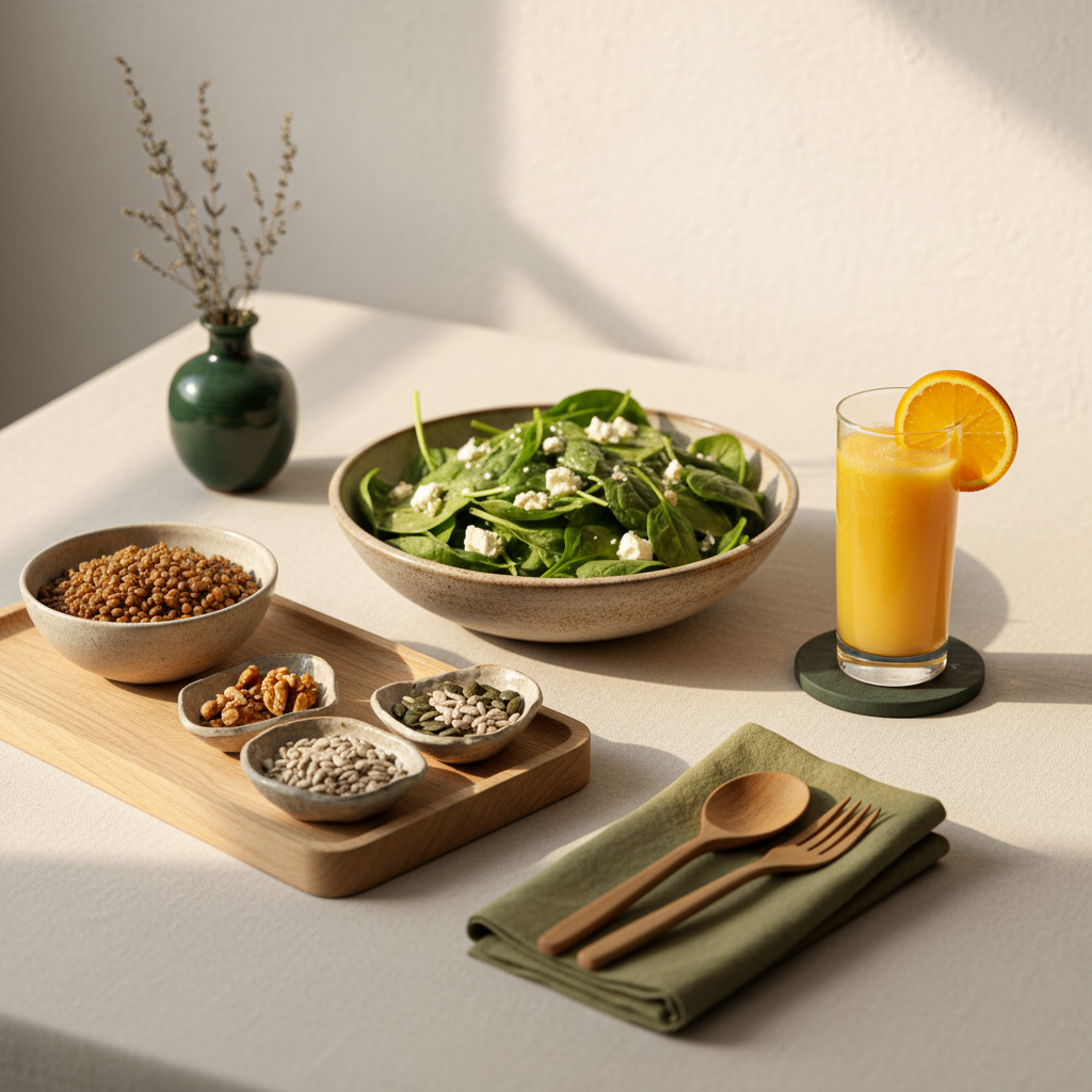 Gedeckter Tisch mit folatreichen Lebensmitteln (Spinatsalat, Linsen, Orangensaft, Nüsse) zum Folsäure erhöhen, minimalistisches warmes Markenlayout in #dbdbcf und #a5cd8d