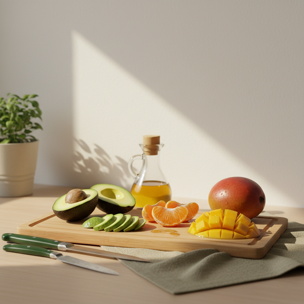 Full-frame Küchenbild mit Avocado, Orangen, Mango und Olivenöl auf Schneidebrett, nährstoffreiches Frühstück reich an Folsäure in warmen Markenfarben