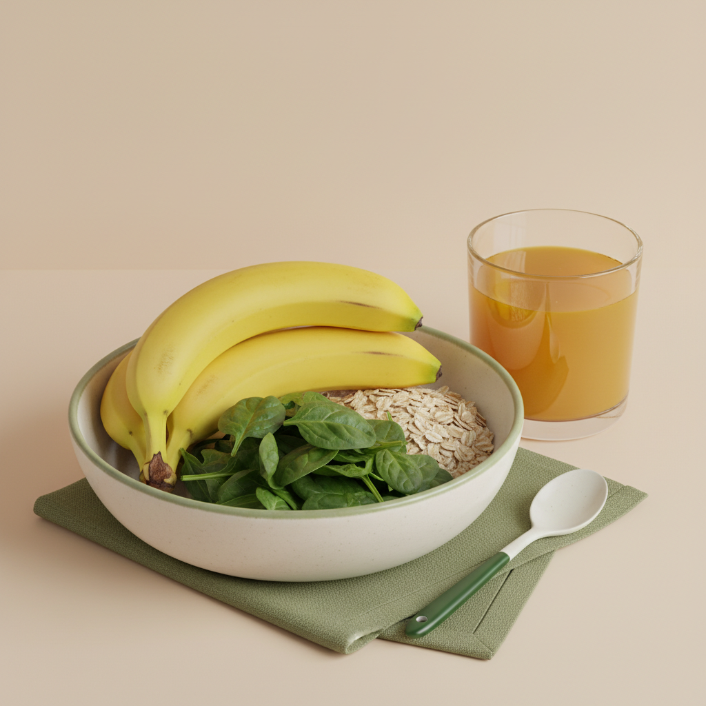 Nahaufnahme einer Schale mit Bananen, frischen Spinatblättern, Vollkorn‑Haferflocken und Glas Orangensaft auf hellem Hintergrund – Bananen Folsäure
