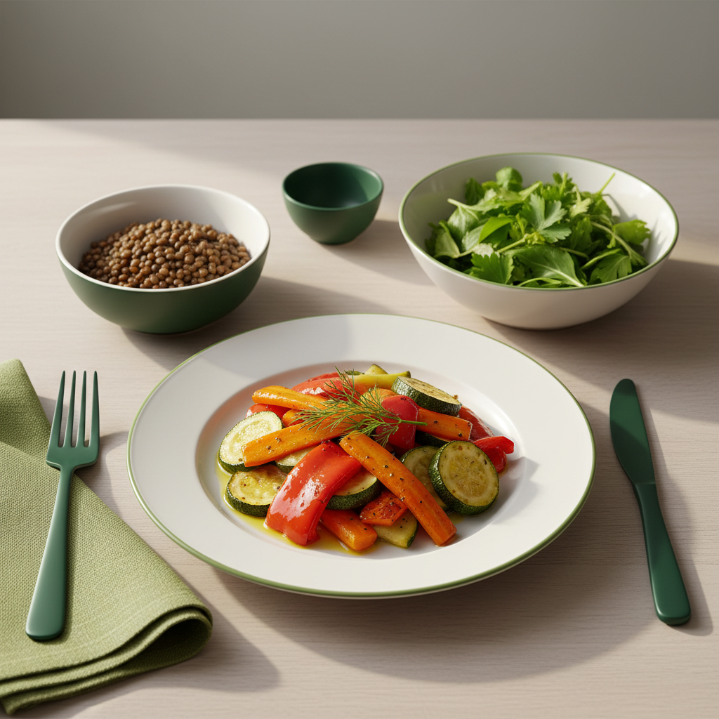 Heimeliges europäisches Gericht mit gebackenem Gemüse, Hülsenfrüchten und grünem Salat auf hellem #dbdbcf Hintergrund mit #a5cd8d Akzenten – Aufnahme von Folsäure