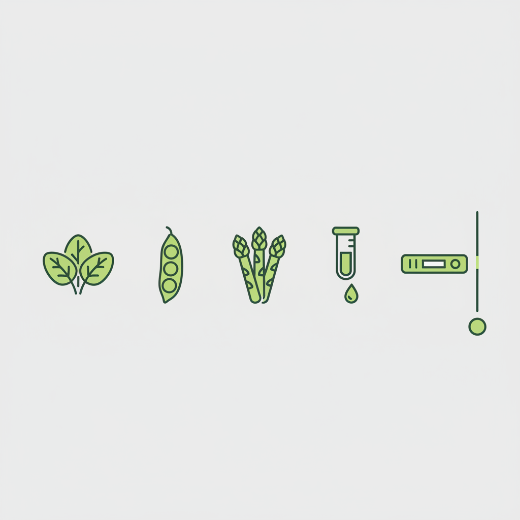 Minimalistische 2D-Vektor-Infografik zu Folsäuremangel mit Icons für Blattgemüse, Hülsenfrüchte, Spargel, Blutprobe und Test, markierter Dosierungs-Punkt (ohne Text)