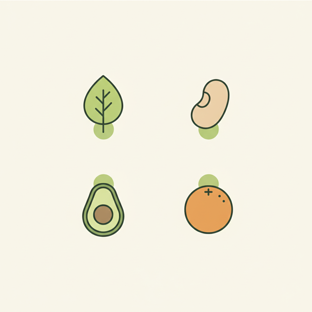 Minimalistische 2D-Vektor-Infografik mit Icons Blatt, Bohne, Avocado und Orange auf Hintergrund #dbdbcf, zur Folsäure schnell auffüllen