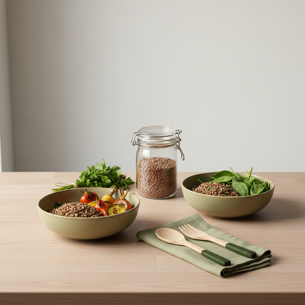 Minimalistische Full-Frame-Küchenaufnahme mit Quinoa-, Spinat- und Gemüse-Schalen sowie einem Glas Linsen in warmen Markenfarben, Folsäure schnell auffüllen