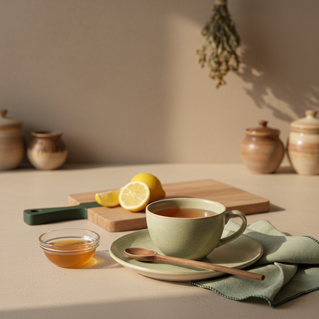 Hauslicher, realistischer Tee mit Honigschale, Zitronenscheiben und Holzlöffel auf neutralem Hintergrund in Schnell Lecker Markenfarben, beruhigend und einladend — Sperma Halsschmerzen