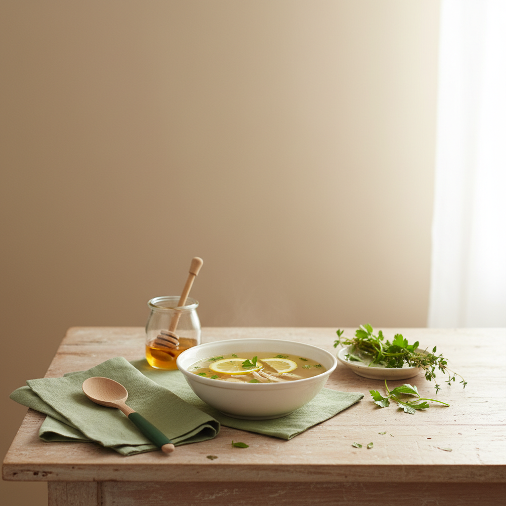 Minimalistische Küchenszene mit Hausmittel-Set (Hühnersuppe, Tee, Zitrone, Honig) vor hellbeigem Hintergrund — Wie lange dauert eine Halsentzündung?