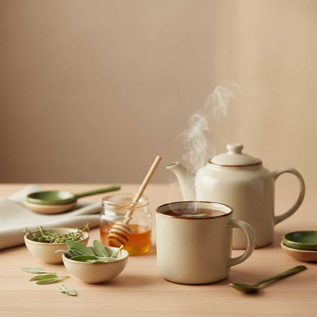 Tasse Salbei‑Honig‑Tee auf hellem, minimalistischem Küchentisch; dezente Brand-Farben (#dbdbcf Hintergrund, #a5cd8d Akzent) – Tee bei Halsschmerzen im Fokus