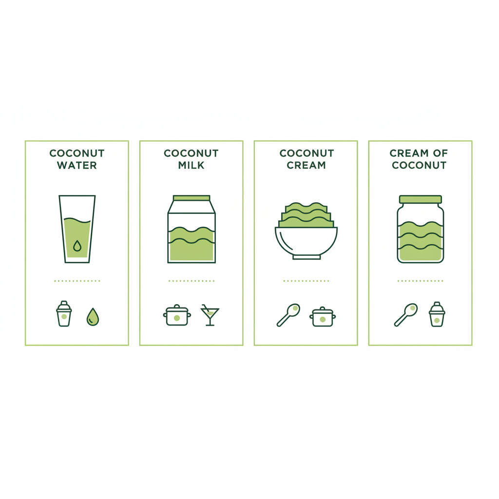 2D-Vektor-Infografik mit Kokoswasser, Kokosmilch für Cocktails, Kokoscreme und Cream of Coconut; visuelle Fettgehalte und Einsatz-Piktogramme, Hintergrund #dbdbcf