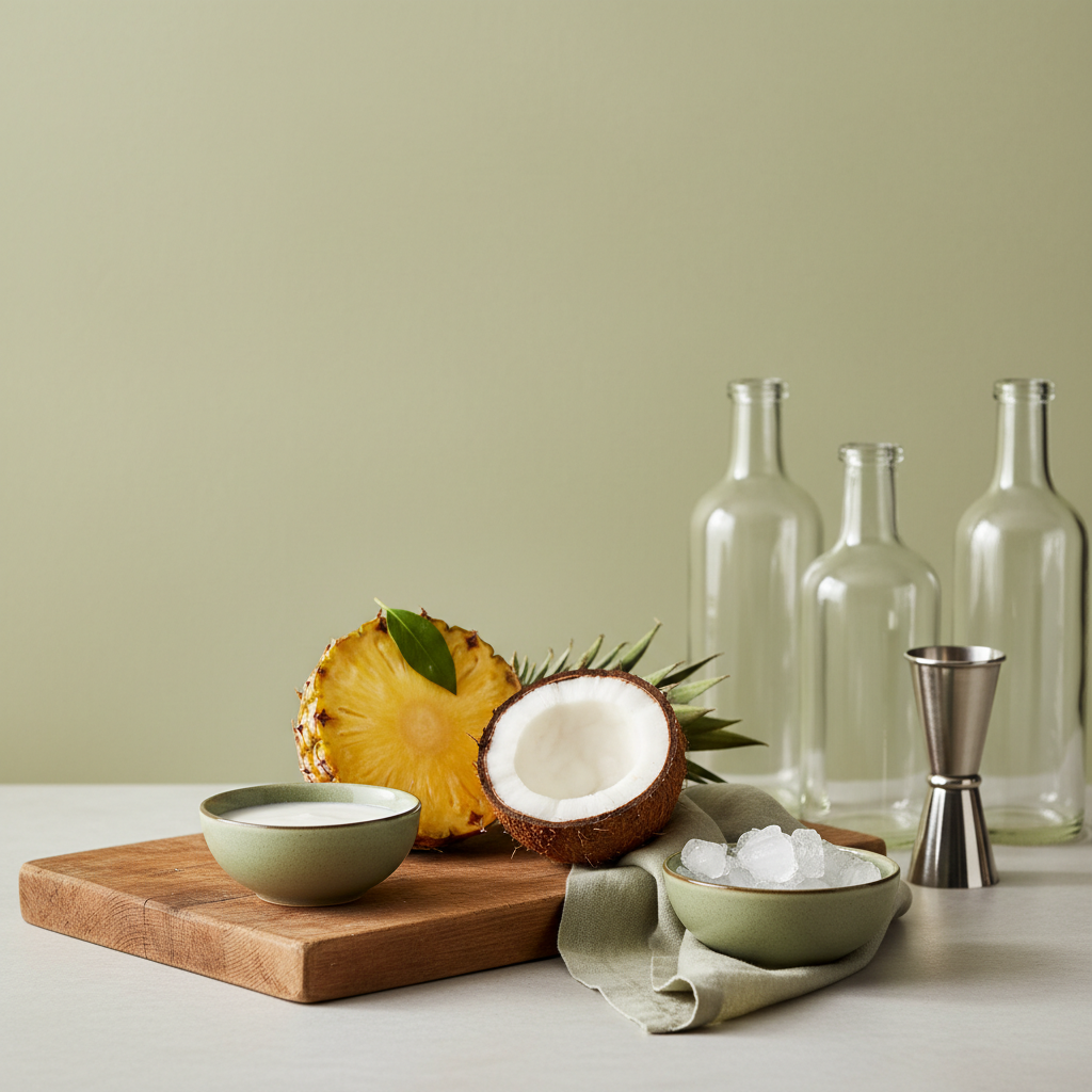 Vollbildstillleben mit Kokosmilch für Cocktails: halbe Kokosnuss, Ananas, Eis und unlabeled Flaschen auf minimalistischem Tisch, Hintergrund #dbdbcf, Akzent #a5cd8d