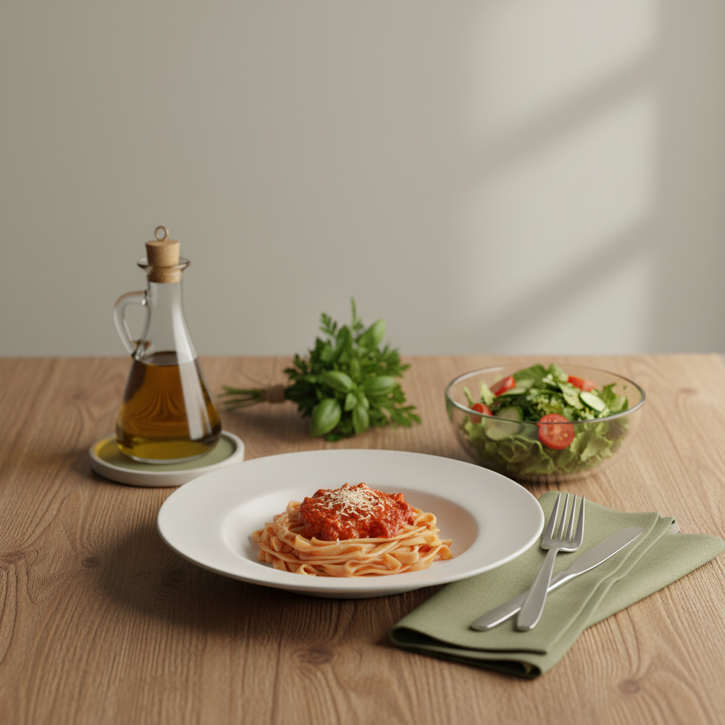 Vollformatfoto eines minimalistischen heimischen Mittagstisches mit Pasta in Tomatensauce, kleinem Beilagensalat, Olivenöl und Kräutern – gesundes in der Mittagspause