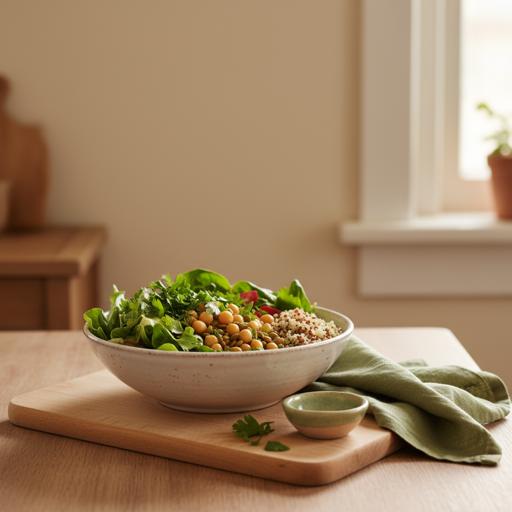 Bunte Lunch‑Bowl mit grünen Salaten, Hülsenfrüchten und Vollkorn auf neutralem Hintergrund – gesundes Mittagessen zum Abnehmen in warmer, minimalistischer Küchenszene.